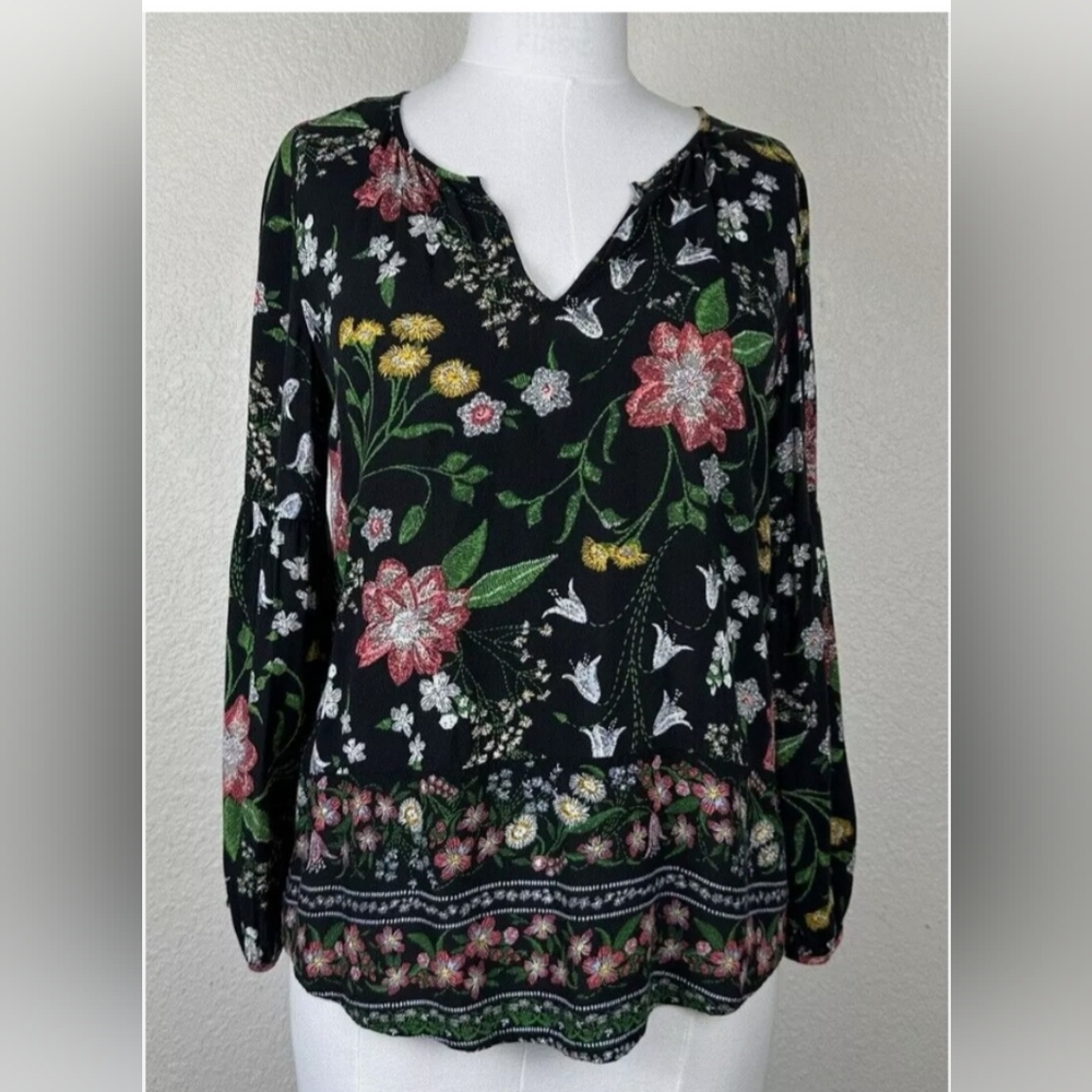 Old Navy Blouse Size L Flounce Romance Black Floral Long BalloonSleeve  EUC